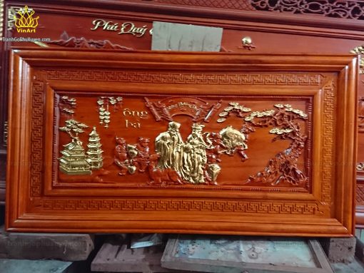 Tranh gỗ mừng thọ ông bà dát vàng 127cm x67cm